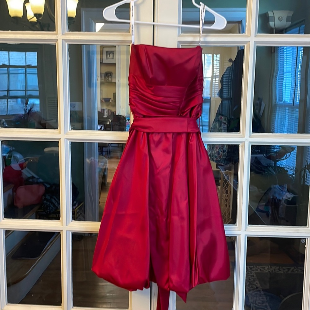 Red strapless dress. David’s Bridal size 4